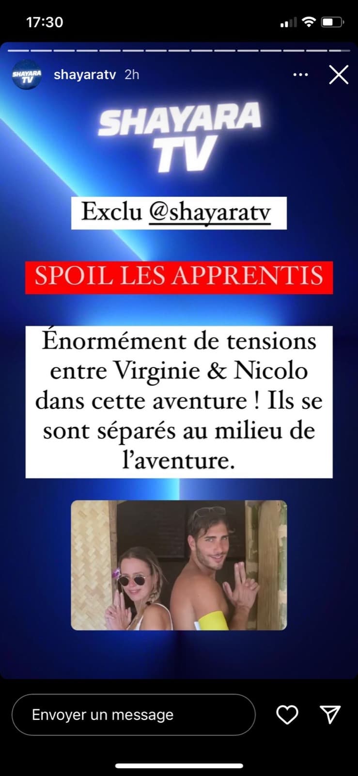 virginie et Nicolo séparés pendant le tournage des Apprentis Aventuriers