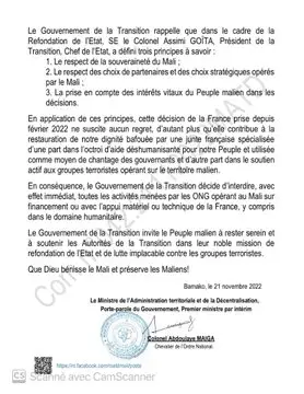 Mali / Le Colonel Assimi Goïta interdit l'activité de toutes les ONG financées par la France